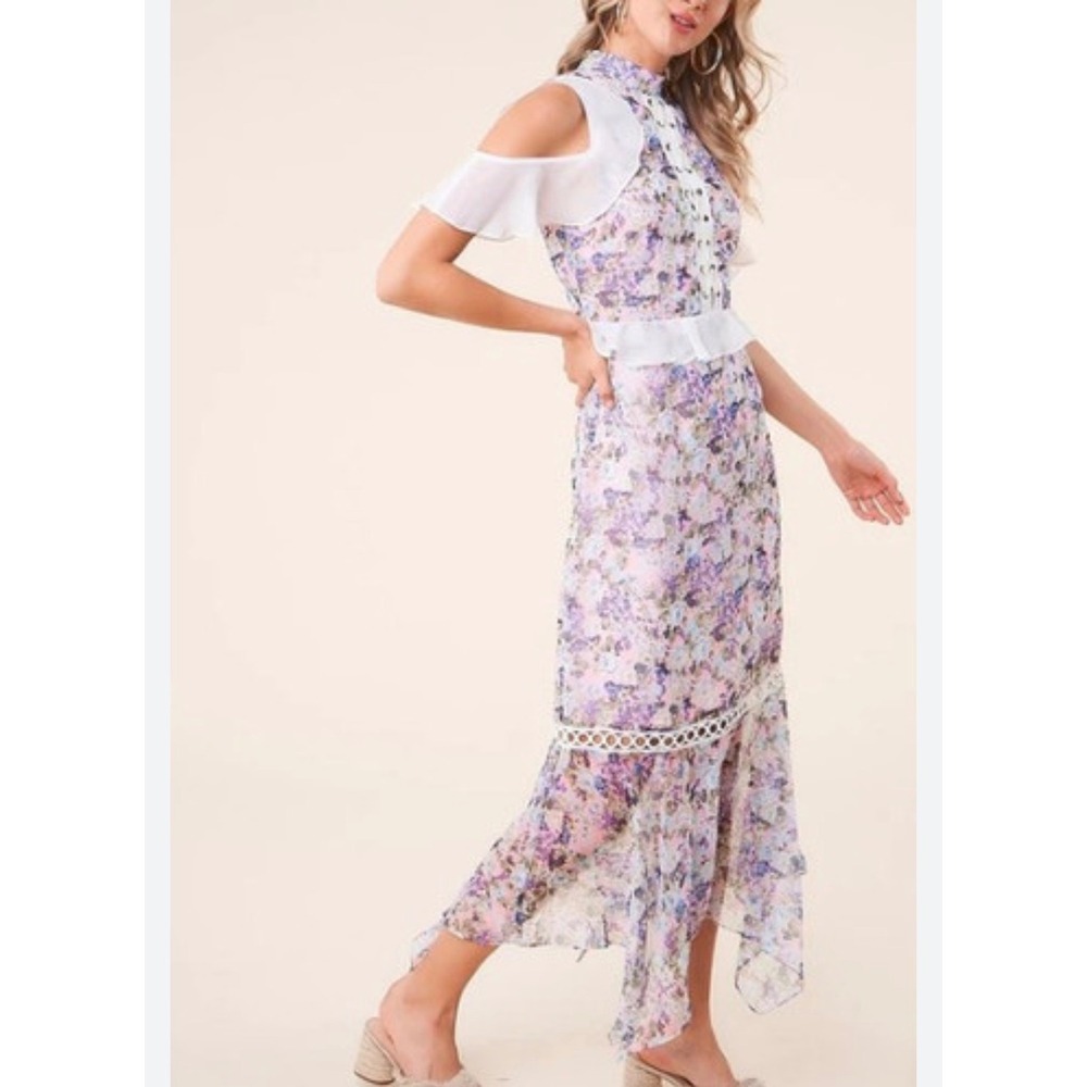 H3 As Always Floral Lace Up Cold Shoulder Maxi Dress Pink Purple Ruffle XS